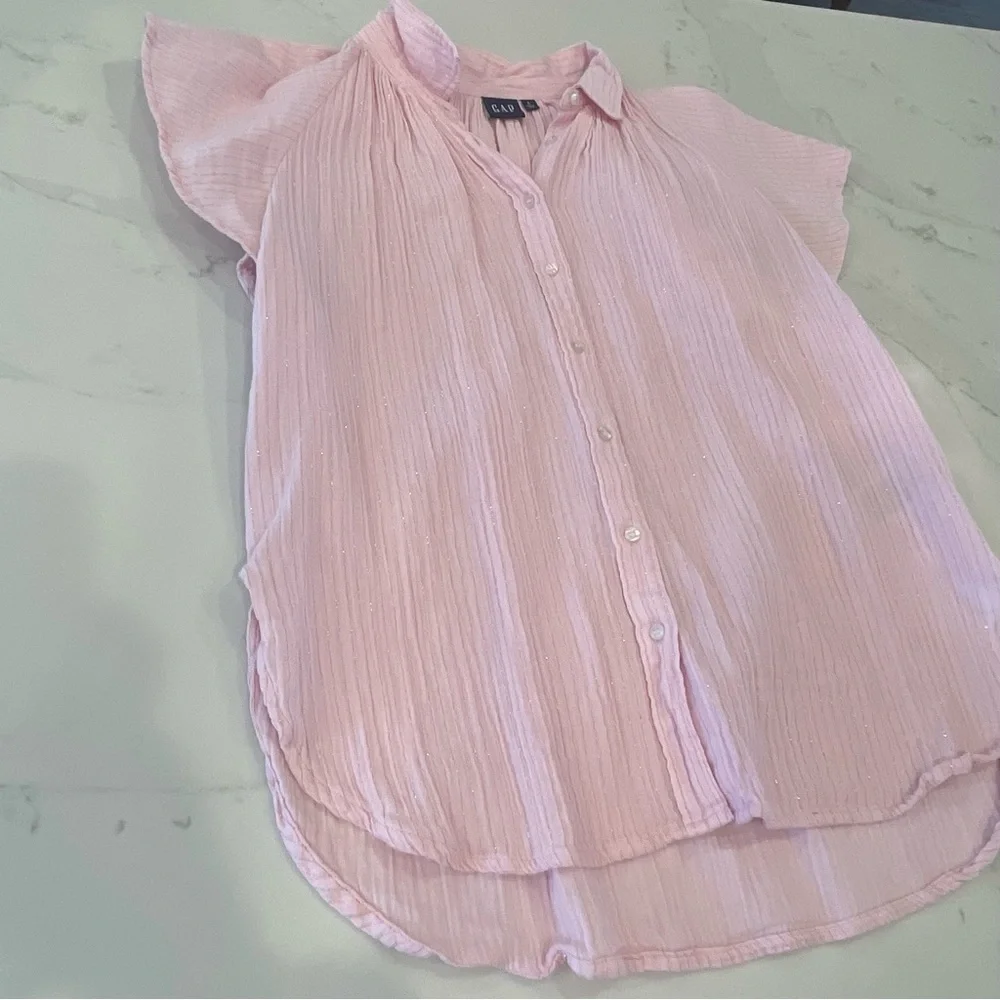 GAP Women’s Pink Button-Up Blouse with Ruffle Sleeves - Picture 2 of 15